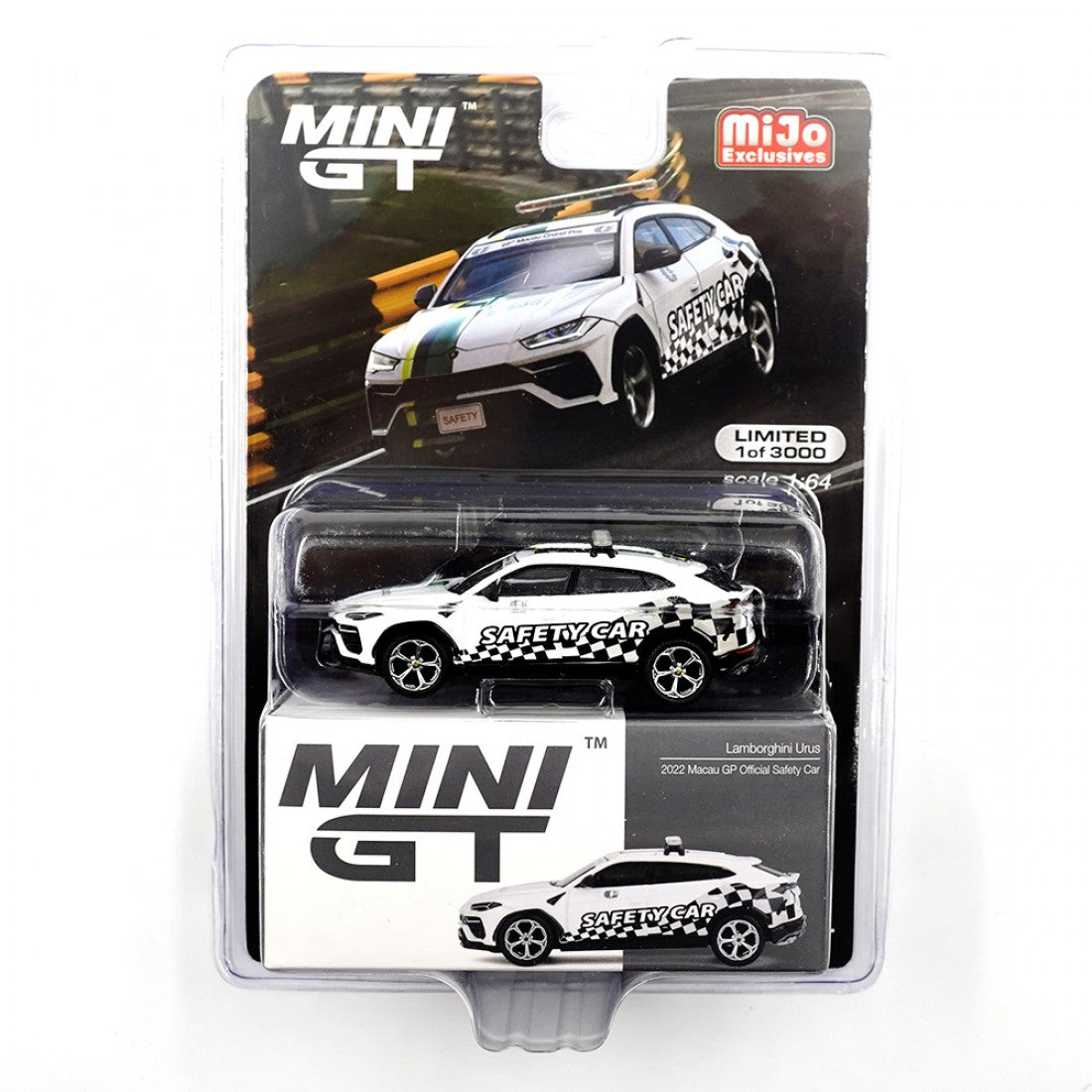 Mini GT 1:64 Lamborghini Urus 2022 Coche de Seguridad Oficial del GP de Macao – Exclusivas de MiJo Blister