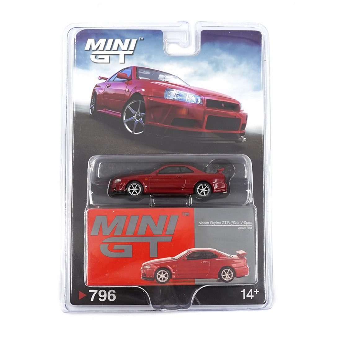 Mini GT 1:64 Nissan Skyline GT-R (R34) V-Spec Active Red - Exclusivas de Mijo Blister