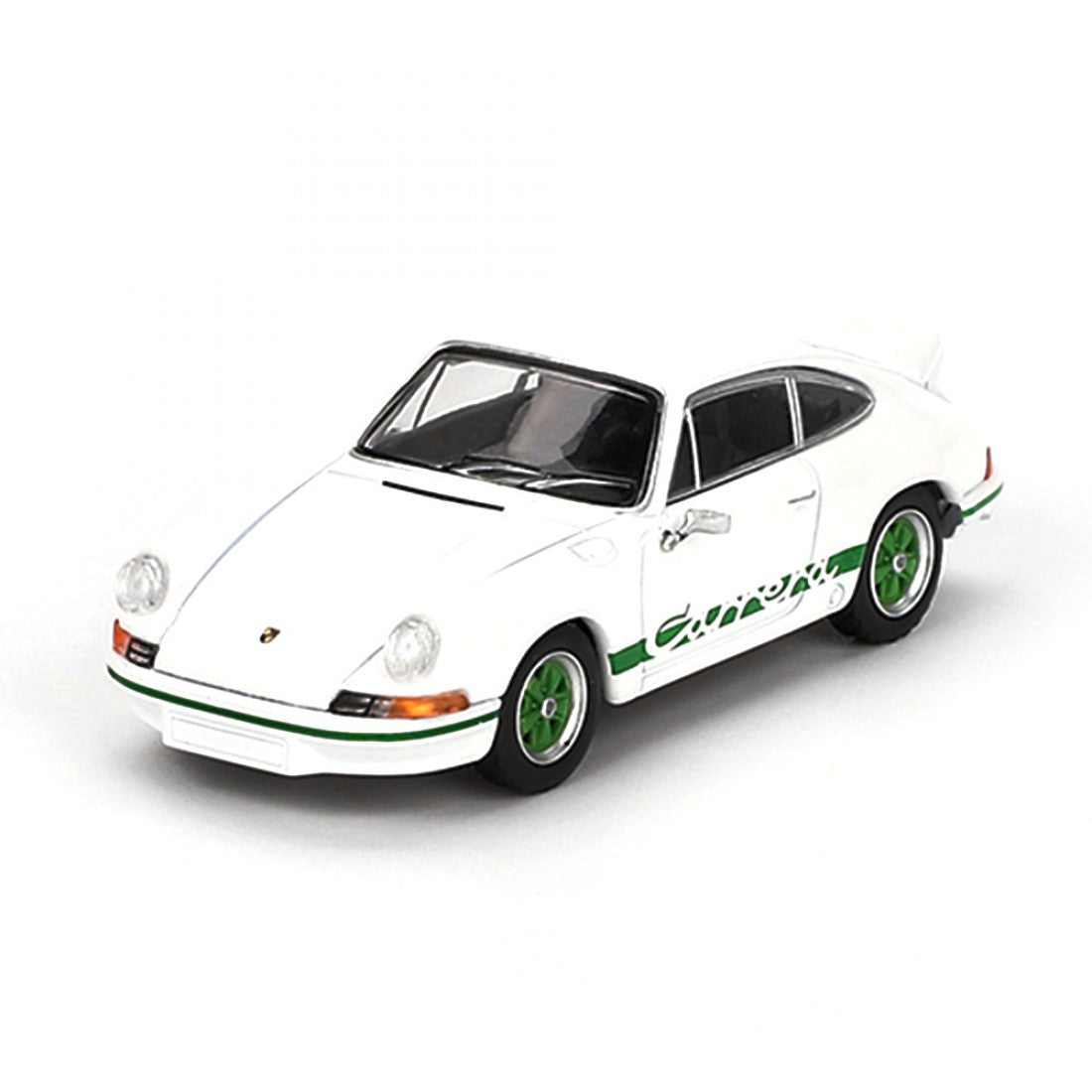 Mini GT 1:64 Porsche 911 Carrera RS 2.7 – Blanco Grand Prix con decoración verde – Exclusivas Mijo Blister