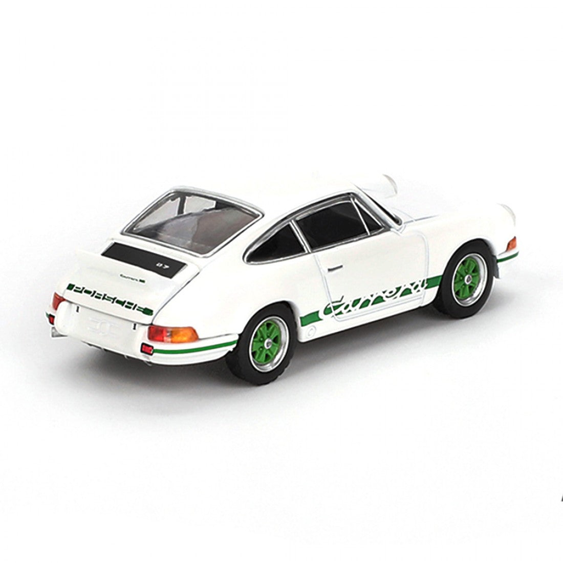 Mini GT 1:64 Porsche 911 Carrera RS 2.7 – Blanco Grand Prix con decoración verde – Exclusivas Mijo Blister