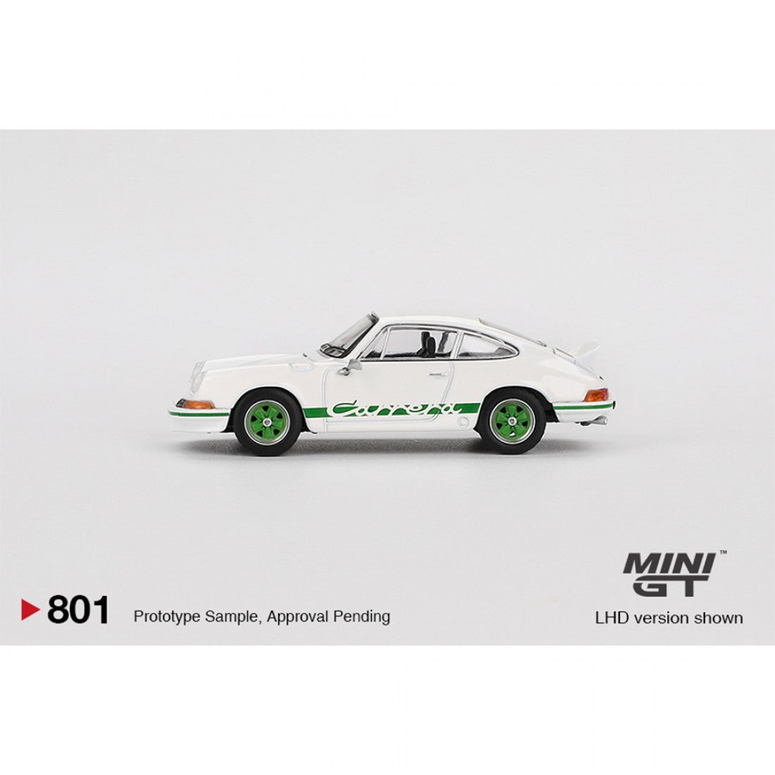 Mini GT 1:64 Porsche 911 Carrera RS 2.7 – Blanco Grand Prix con decoración verde – Exclusivas Mijo Blister