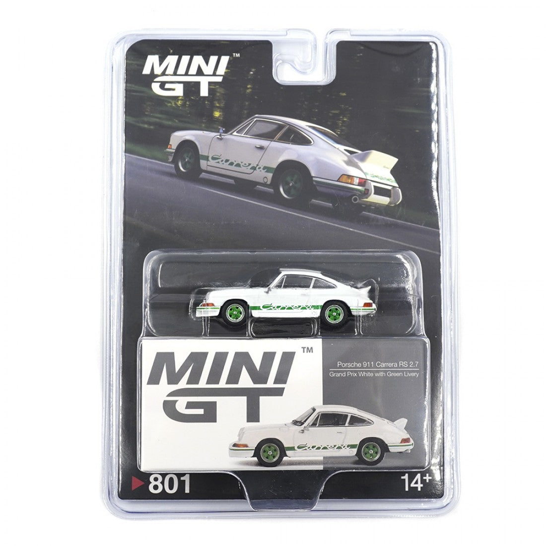 Mini GT 1:64 Porsche 911 Carrera RS 2.7 – Blanco Grand Prix con decoración verde – Exclusivas Mijo Blister