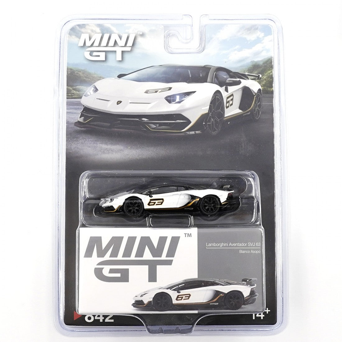 Mini GT 1:64 Lamborghini Aventador SVJ 63 – Bianco Asopo Blister