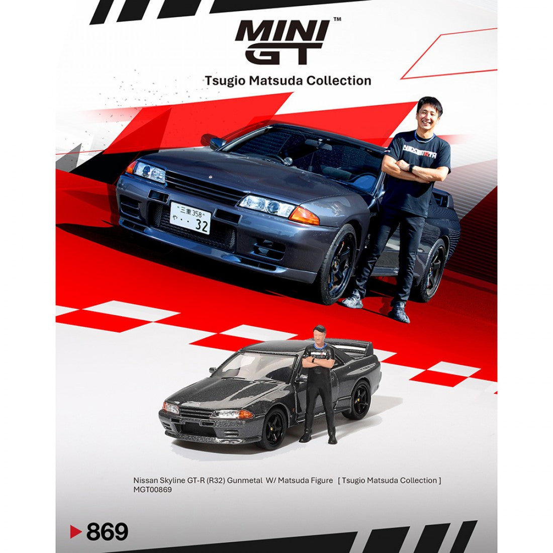 Mini GT 1:64 Nissan Skyline GT-R (R32) Nismo Gunmetal con figura de Matsuda – Colección Tsugio Matsuda PRESENTACIÓN EN CAJA