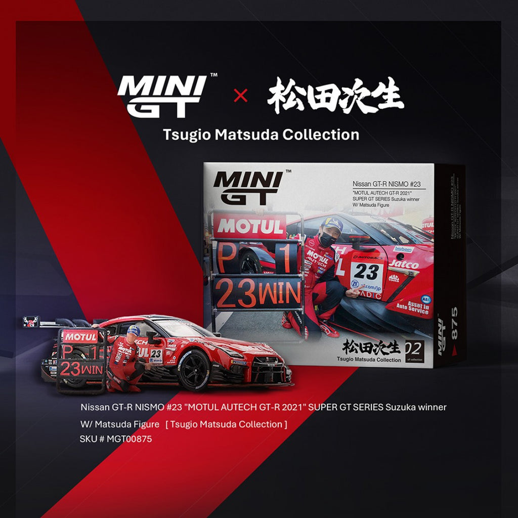 Mini GT 1/64 Nissan GT-R NISMO #23 MOTUL AUTECH GT-R 2021 SUPER GT SERIES Ganador de Suzuka con figura Tsugio Matsuda Colección No.2