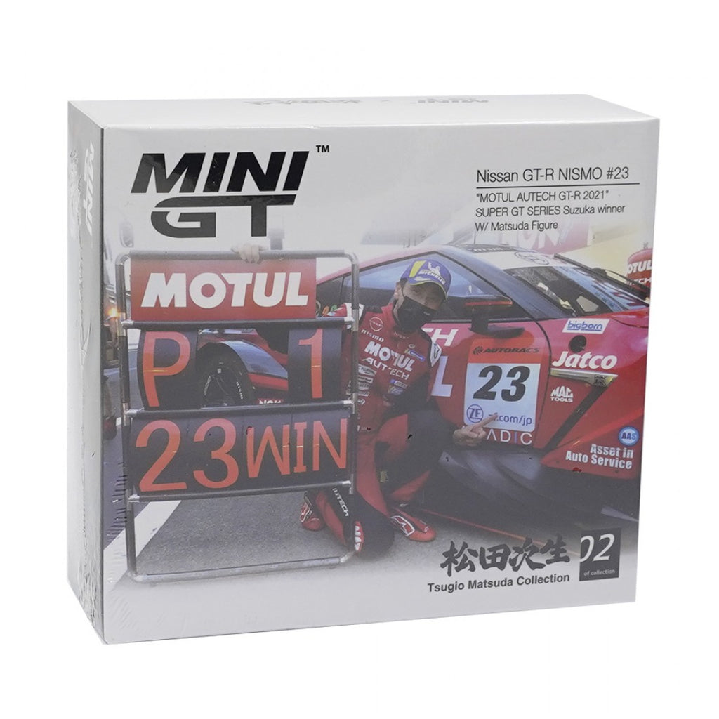 Mini GT 1/64 Nissan GT-R NISMO #23 MOTUL AUTECH GT-R 2021 SUPER GT SERIES Ganador de Suzuka con figura Tsugio Matsuda Colección No.2