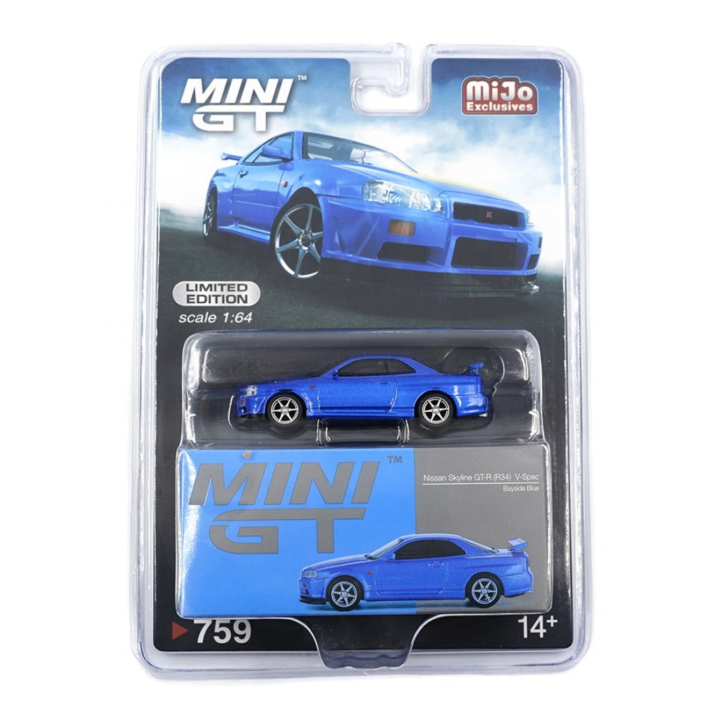 Mini GT 1:64 Nissan Skyline GT-R (R34) V-Spec – Azul Bayside – Exclusivas Mijo Blister
