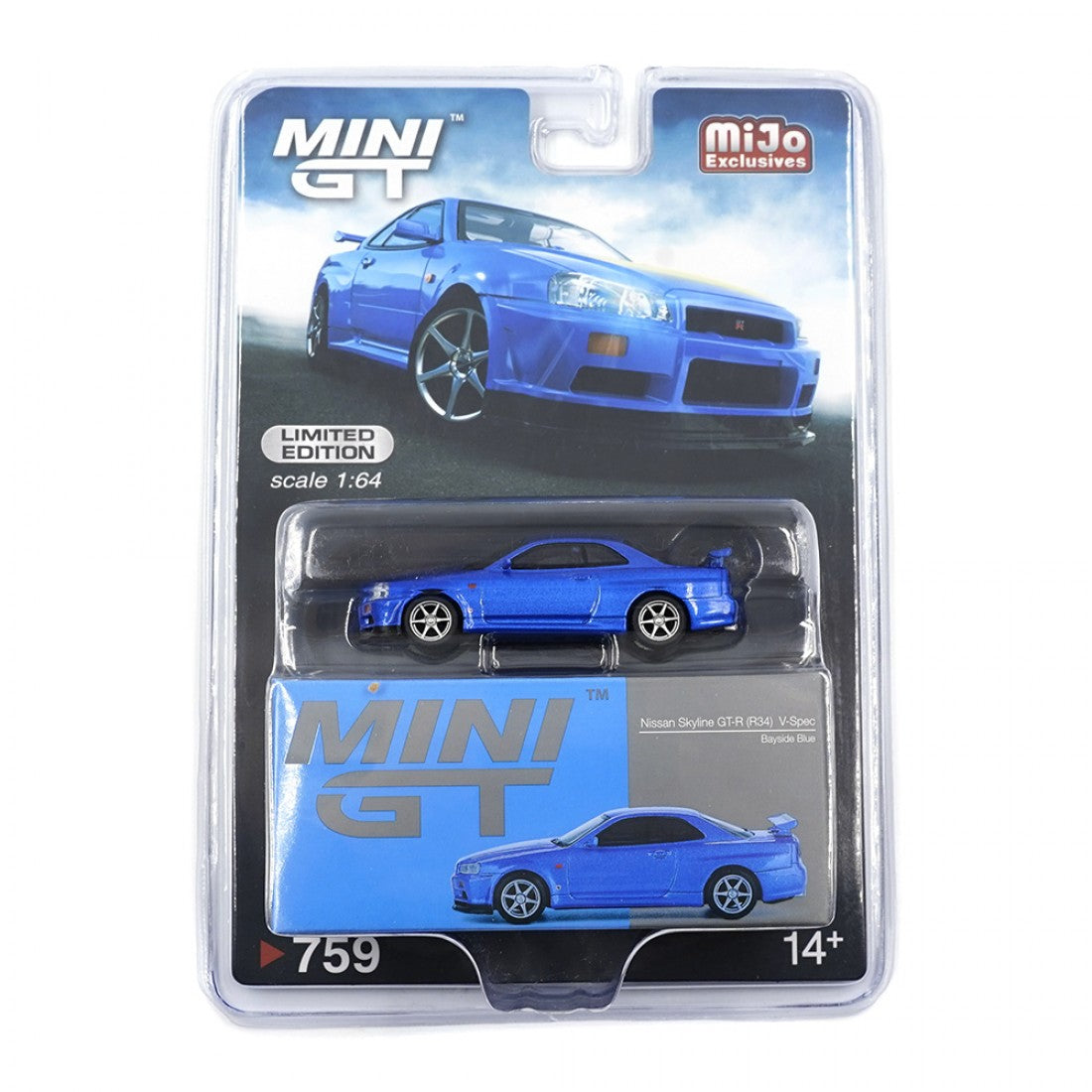 Mini GT 1:64 Nissan Skyline GT-R (R34) V-Spec – Azul Bayside – Exclusivas Mijo Blister