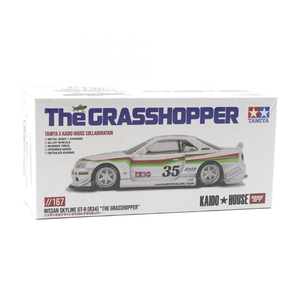 Kaido House x Mini GT 1:64 Nissan Skyline GT-R (R34) Tamiya X Kaido House “The Grasshopper” V1 – Blanco
