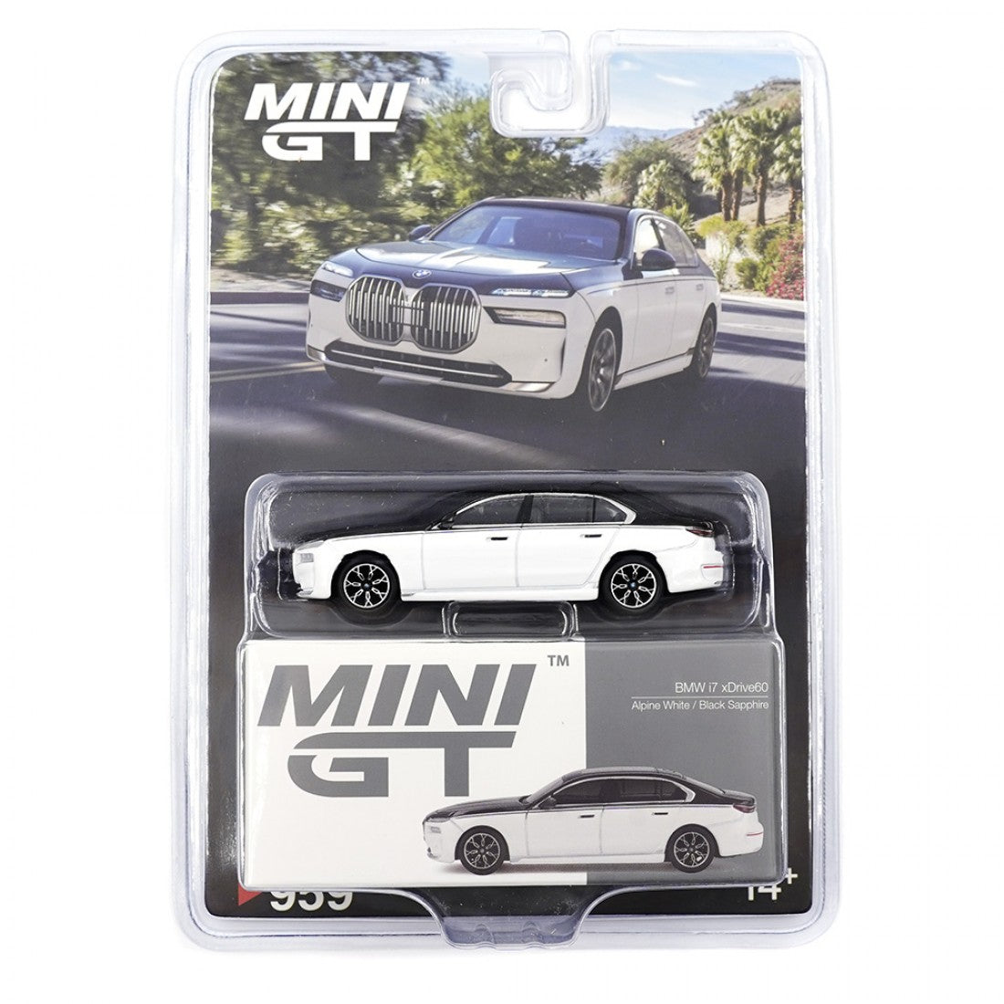 Mini GT 1:64 BMW i7 xDrive60 – Blanco Alpino / Zafiro Negro 1/64 Blister