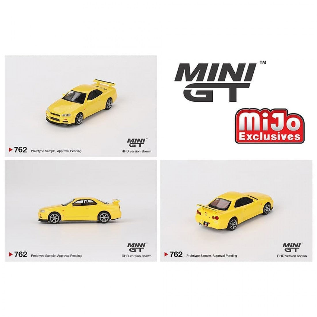 Mini GT 1:64 Nissan Skyline GT-R (R34) V-Spec – Amarillo Relámpago - Exclusivas de MiJo Blister