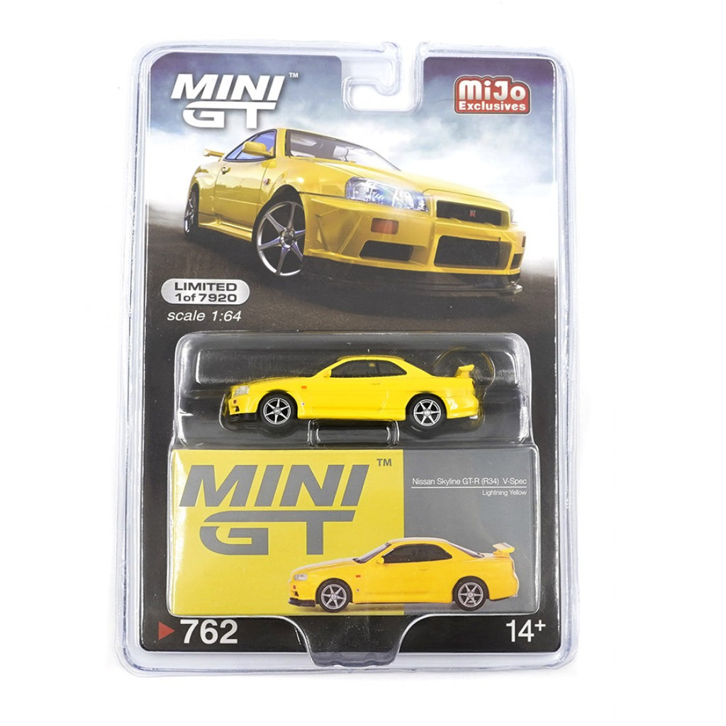 Mini GT 1:64 Nissan Skyline GT-R (R34) V-Spec – Amarillo Relámpago - Exclusivas de MiJo Blister
