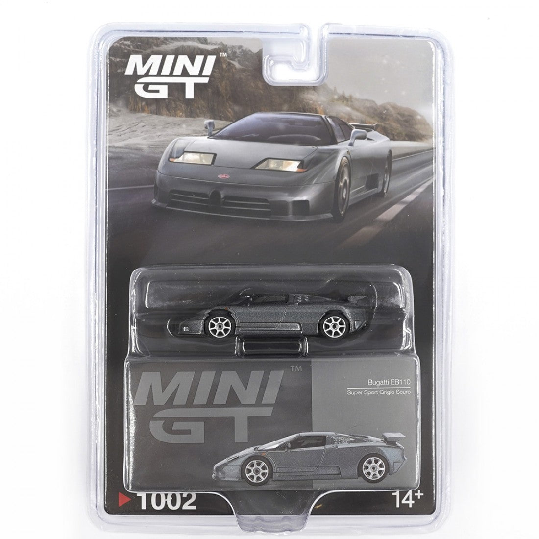 Mini GT 1:64 Bugatti EB110 Super Sport – Grigio Scuro – Exclusivos Mijo (PRESENTACIÓN EN BLISTER)