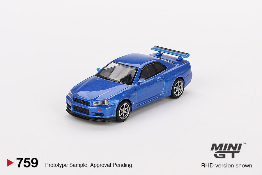 Mini GT 1:64 Nissan Skyline GT-R (R34) V-Spec – Azul Bayside – Exclusivas Mijo Blister