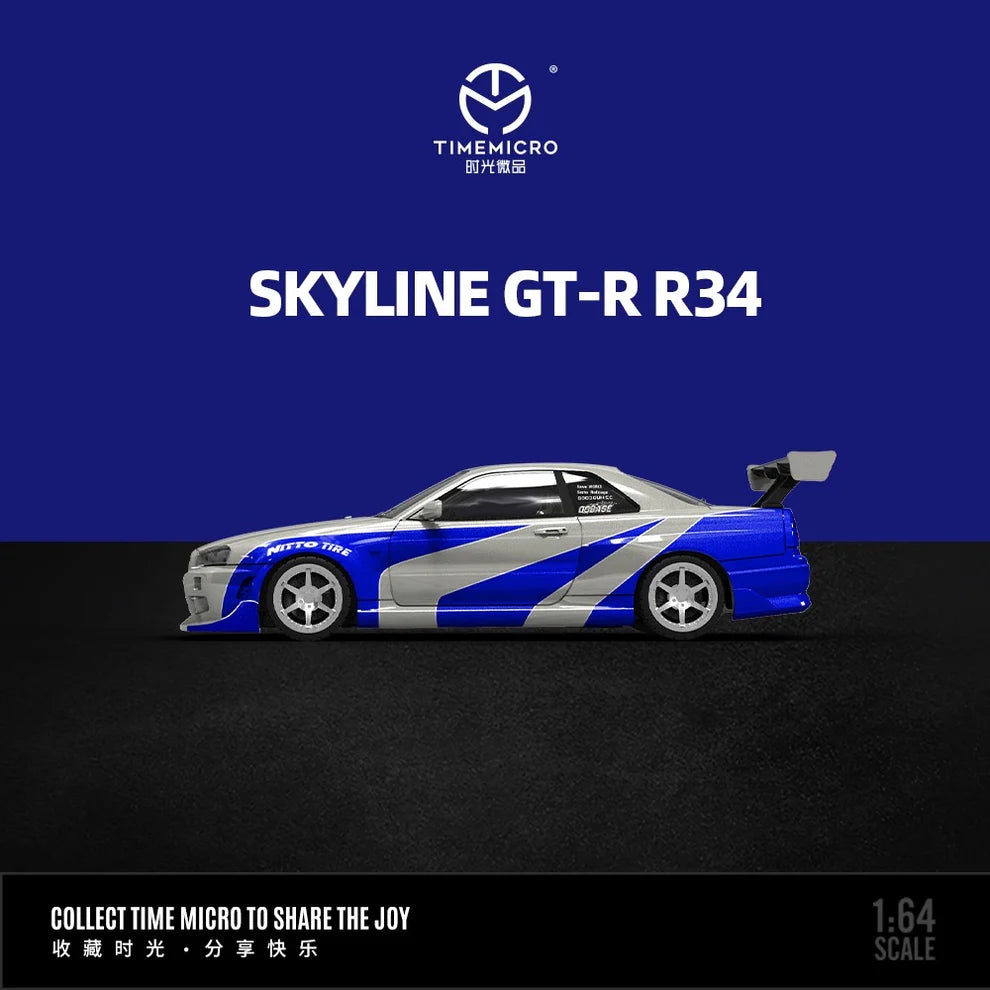 TimeMicro Skyline GT-R R34 Blue Silver 1:64