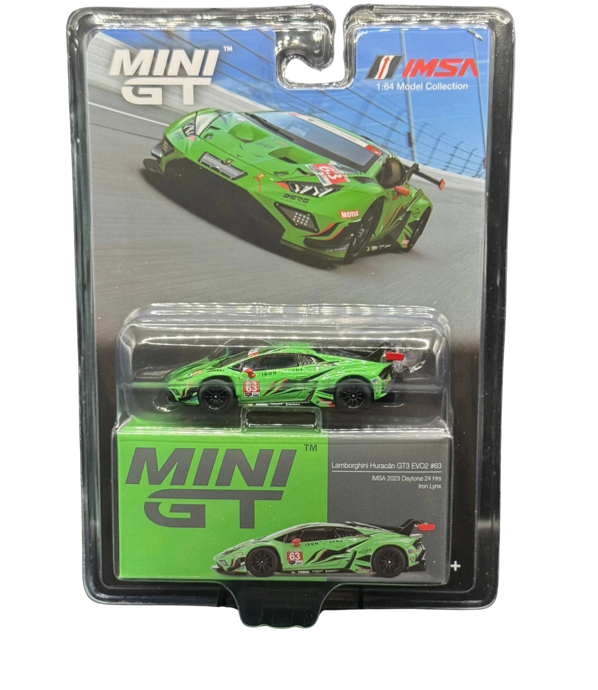 Mini GT 1:64 Lamborghini Huracán GT3 EVO2 #63 Iron Lynx IMSA 2023 Daytona 24 Hrs. Blister