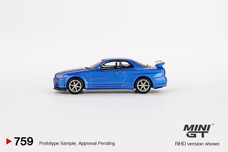 Mini GT 1:64 Nissan Skyline GT-R (R34) V-Spec – Azul Bayside – Exclusivas Mijo Blister