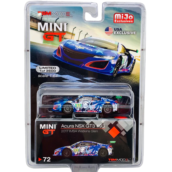 Mini GT 1:64 Exclusivas de MiJo: Acura NSX GT3 n.° 93 2017 IMSA Watkins Glen (azul) – Exclusivo de EE. UU. – Limitado a 3600 piezas Blister