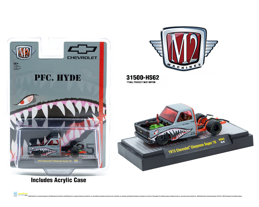 Chevrolet Cheyenne Super 10 “PFC. HYDE” de 1973, escala 1:64, con cara de tiburón, M2 Machines – Exclusivo para aficionados