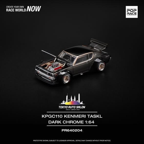 POP RACE Nissan Skyline GT-R KPGC110 Kenmeri Taskl Dark Chrome a escala 1:64 de Pop Race. Tokyo Auto