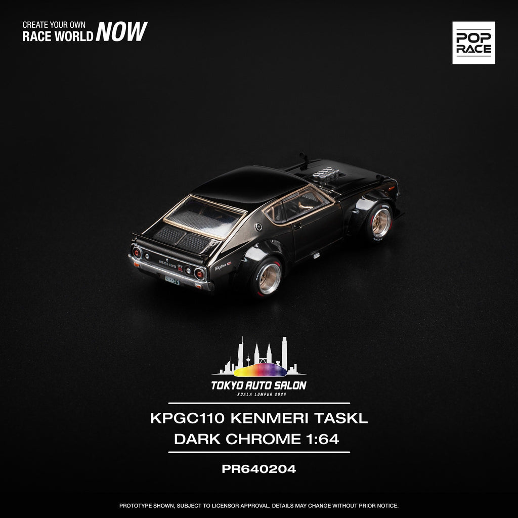 POP RACE Nissan Skyline GT-R KPGC110 Kenmeri Taskl Dark Chrome a escala 1:64 de Pop Race. Tokyo Auto