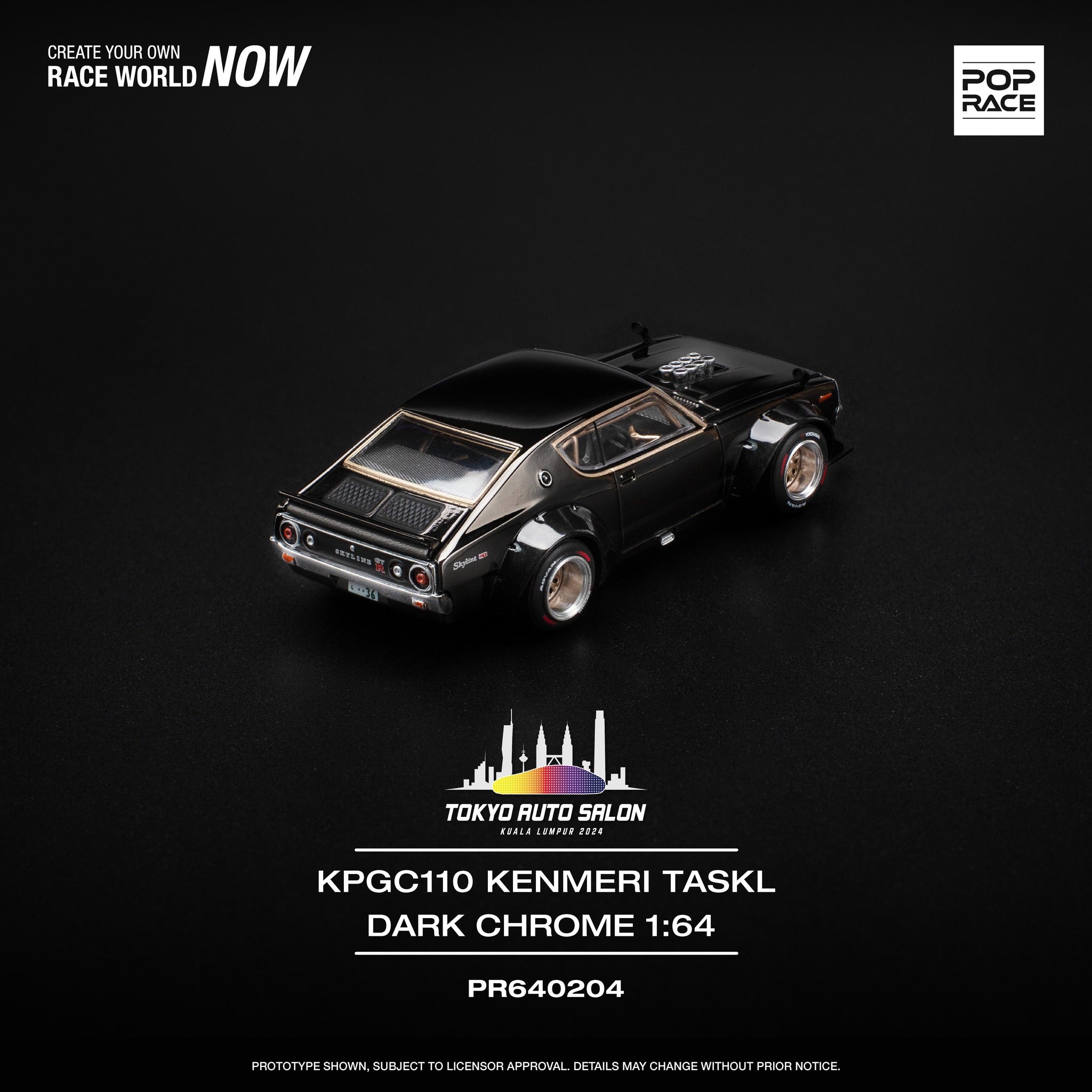 POP RACE Nissan Skyline GT-R KPGC110 Kenmeri Taskl Dark Chrome a escala 1:64 de Pop Race. Tokyo Auto