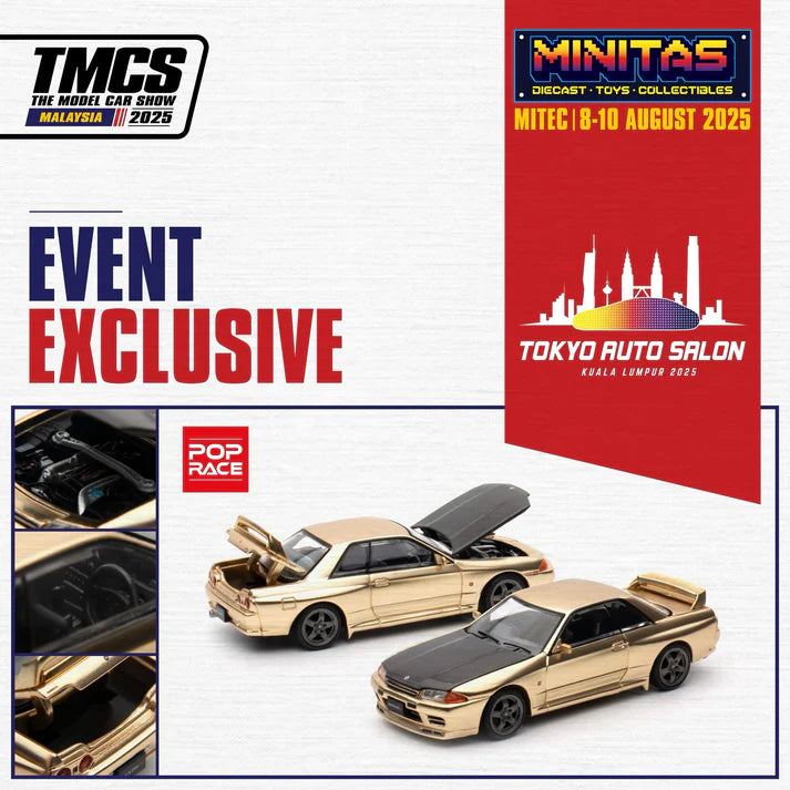 POP RACE 1/64 GT-R R32 Cromado Tokyo Auto Salon Kuala Lumpur 2025 TAS KL Edición Limitada Modelo a Escala de Coche