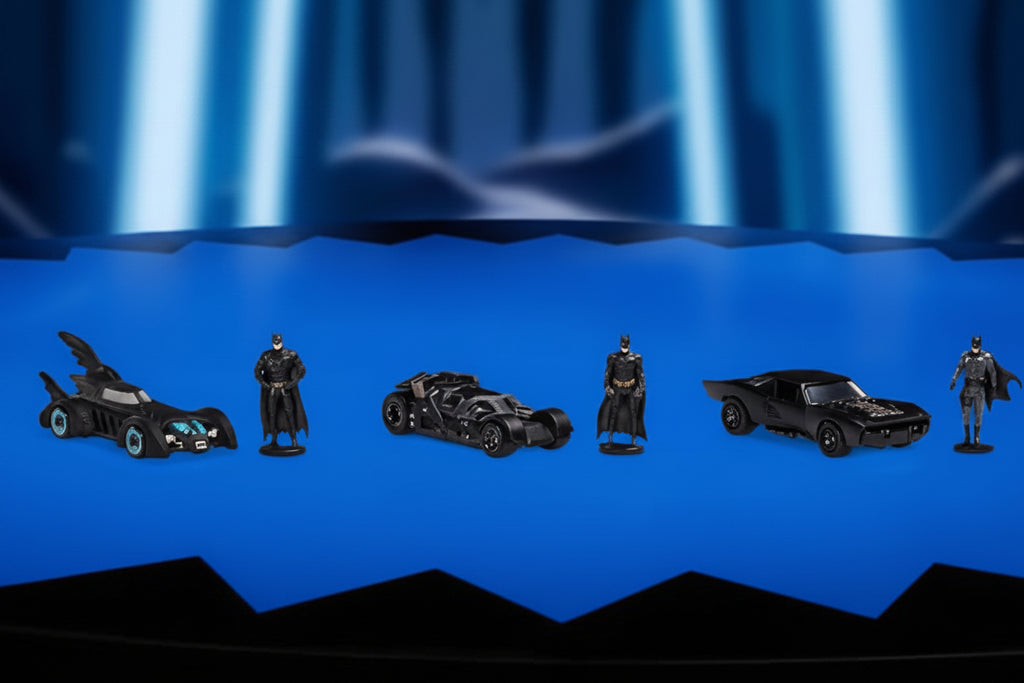 Hot Wheels 85 Aniversario Batman Batmobile  6 versiones icónicas, vitrina acrílica, mini figuras de Batman