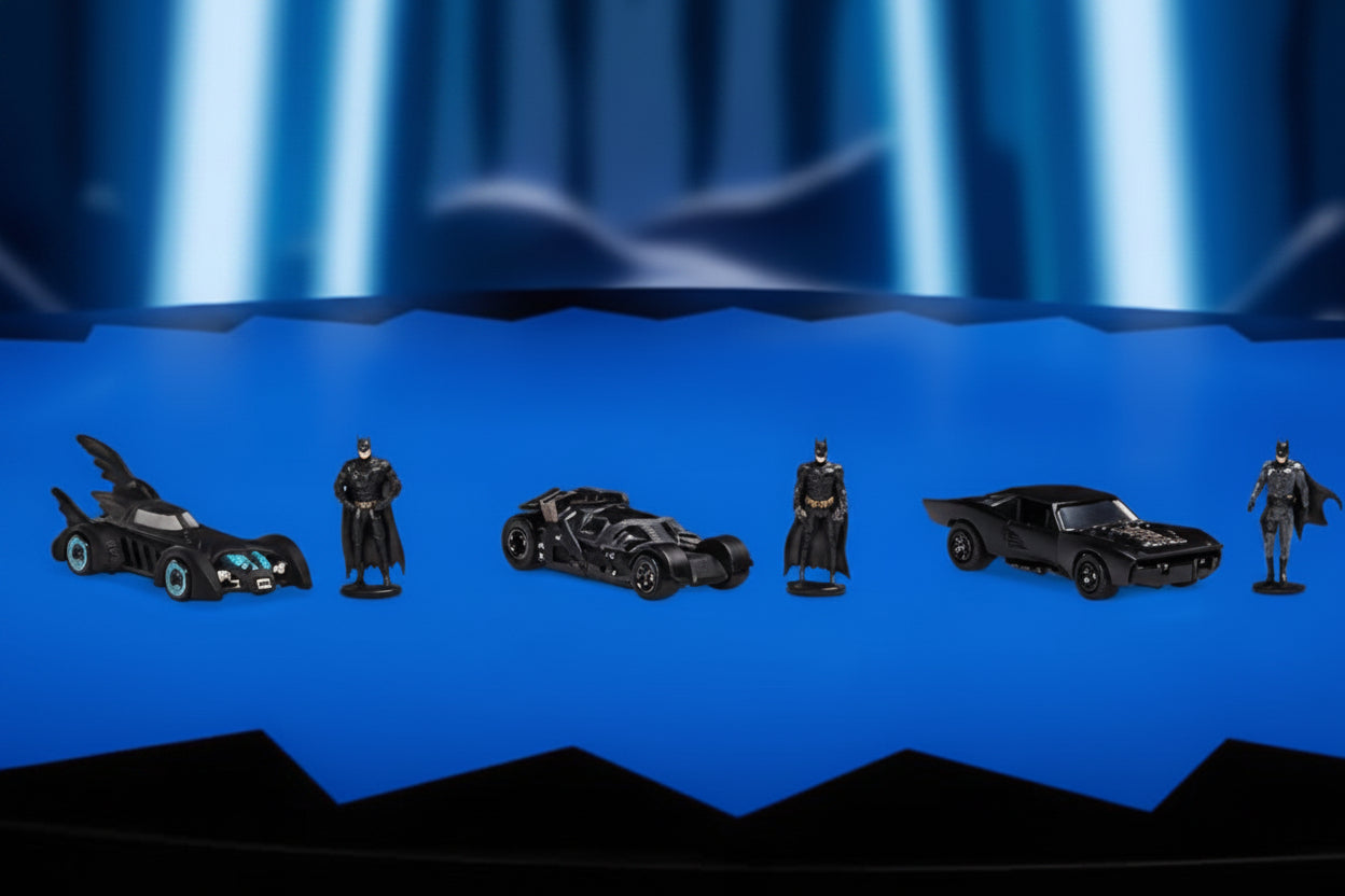 Hot Wheels 85 Aniversario Batman Batmobile  6 versiones icónicas, vitrina acrílica, mini figuras de Batman