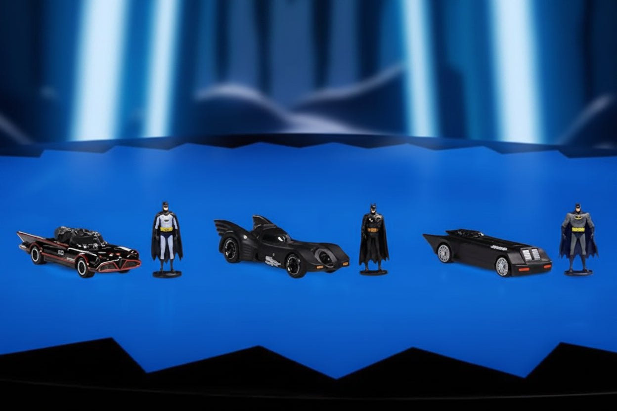 Hot Wheels 85 Aniversario Batman Batmobile  6 versiones icónicas, vitrina acrílica, mini figuras de Batman