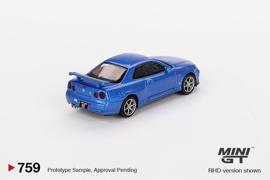 Mini GT 1:64 Nissan Skyline GT-R (R34) V-Spec – Azul Bayside – Exclusivas Mijo Blister
