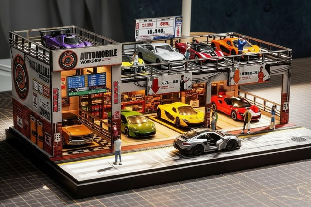 DIORAMA SHOU CANG JIA 1/64 ESTACIONAMIENTO DOBLE CON LUCES CARGA TIPO C