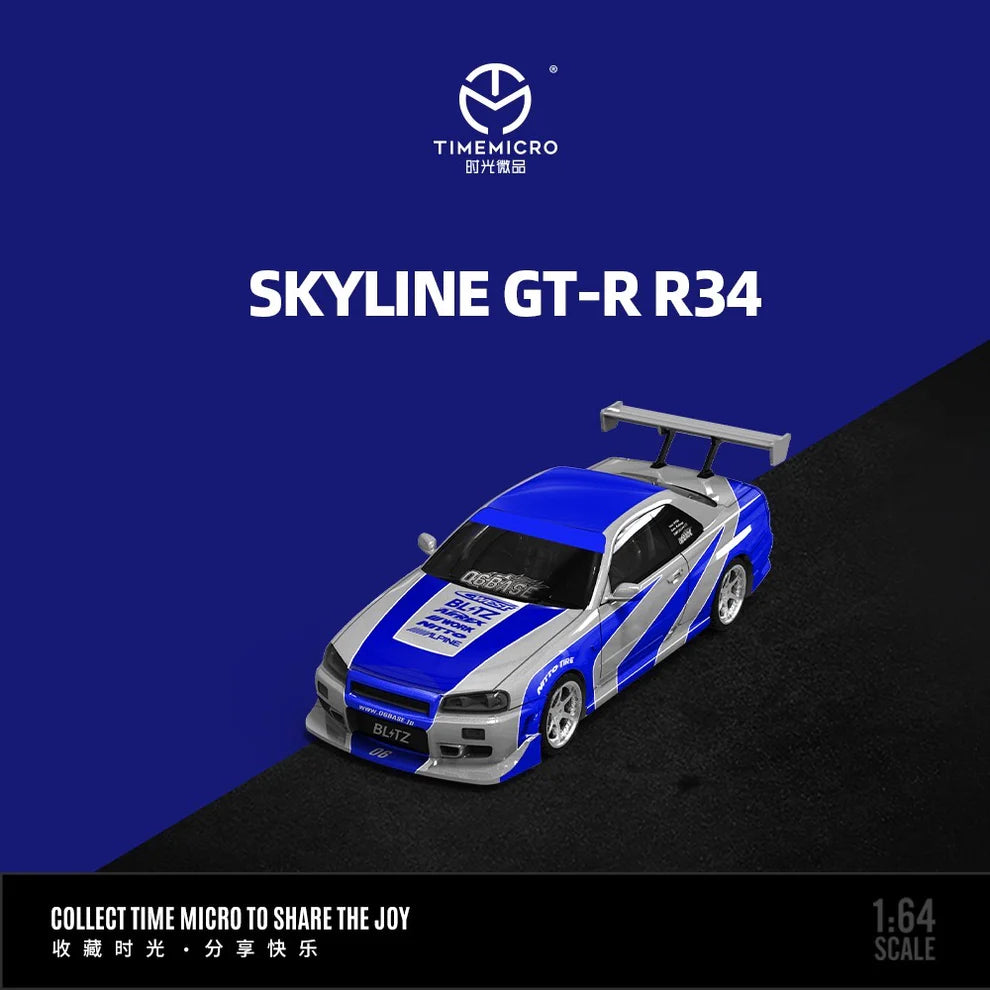TimeMicro Skyline GT-R R34 Blue Silver 1:64