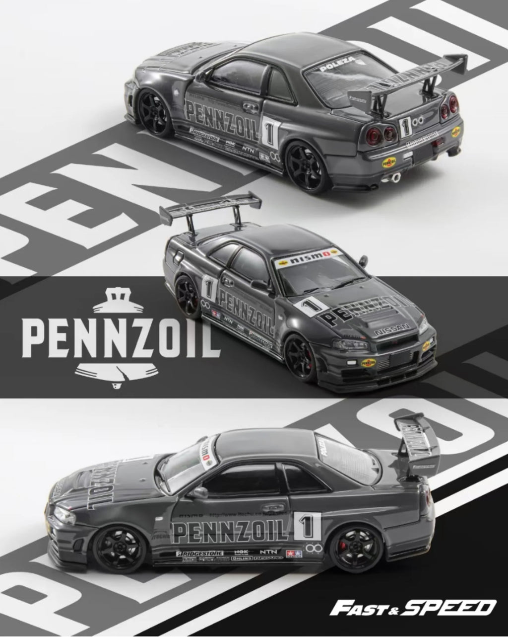 Fast Speed 1:64 Nissan Skyline GT-R R34 Nismo Z-Tune Pennzoil GRIS