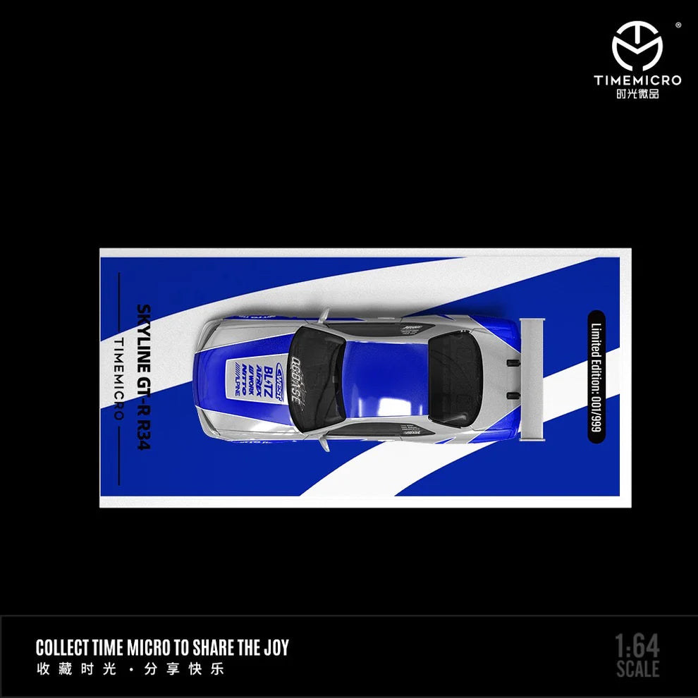TimeMicro Skyline GT-R R34 Blue Silver 1:64