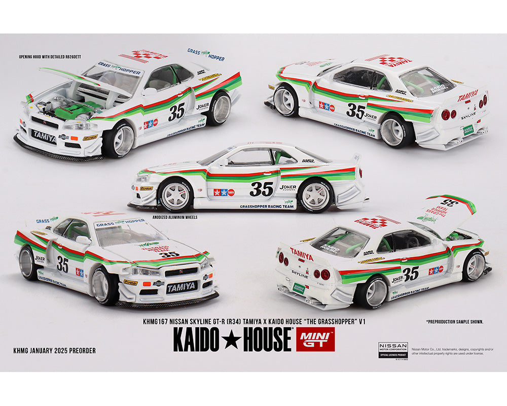 Kaido House x Mini GT 1:64 Nissan Skyline GT-R (R34) Tamiya X Kaido House “The Grasshopper” V1 – Blanco