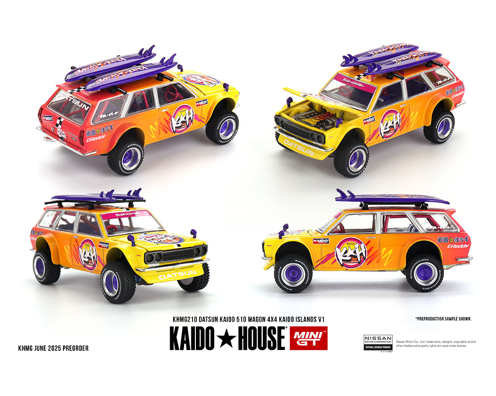 Kaido House x Mini GT 1:64 Datsun KAIDO 510 Wagon 4×4 Kaido ISLANDS V1- Naranja