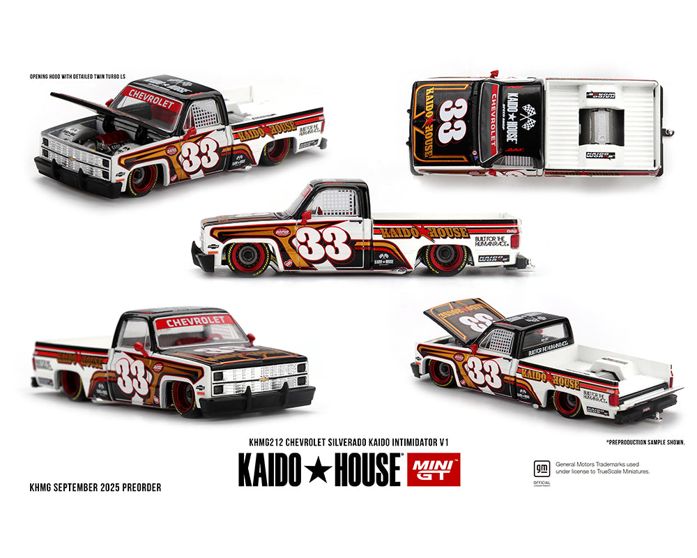 |||PREVENTA|||Kaido House x Mini GT Chevrolet Silverado KAIDO Intimidator V1 – Blanco con detalles en marrón bitono