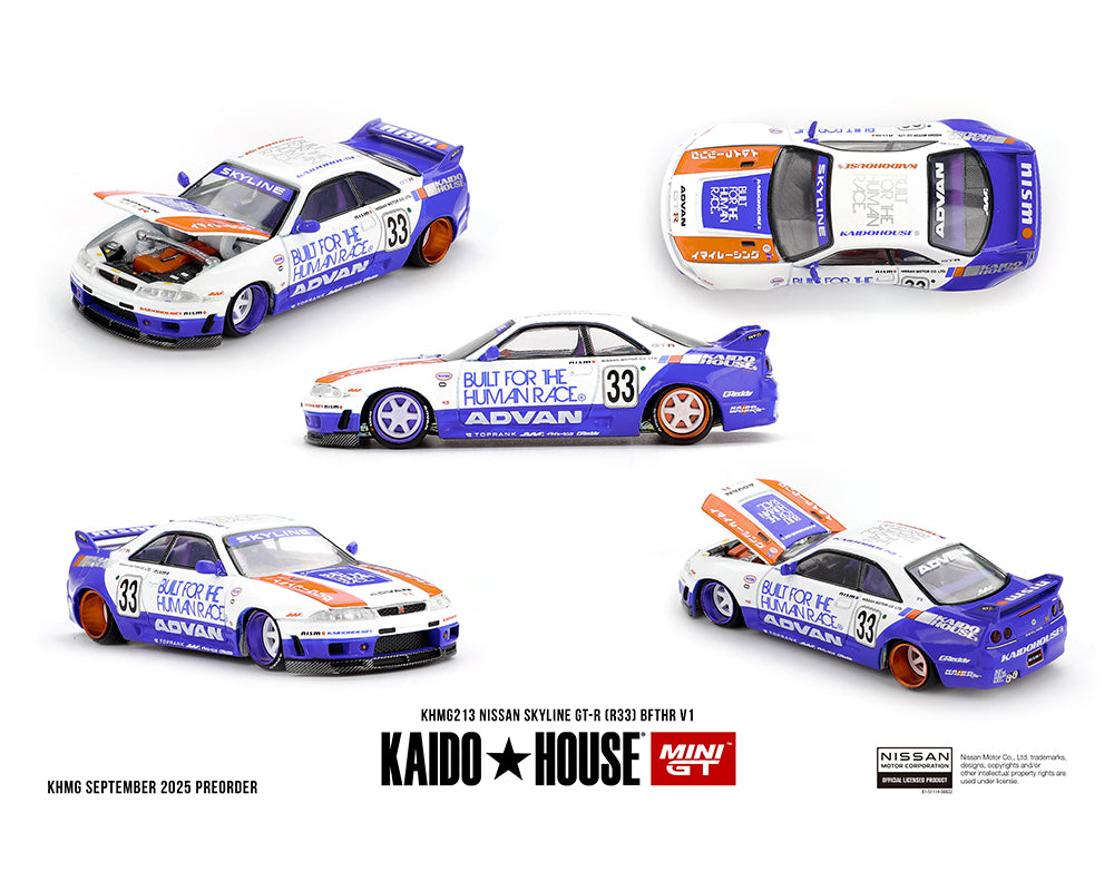 |||PREVENTA|||Kaido House x Mini GT Nissan Skyline GT-R (R33) BFTHR V1 – Blanco con detalles en azul bitono