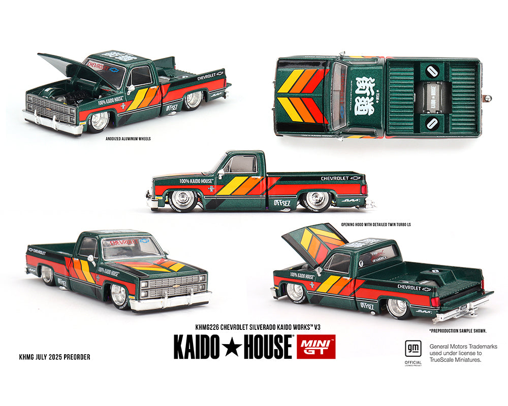 |||PREVENTA|||Kaido House x Mini GT 1:64 Chevrolet Silverado KAIDO WORKS V3 - Verde oscuro
