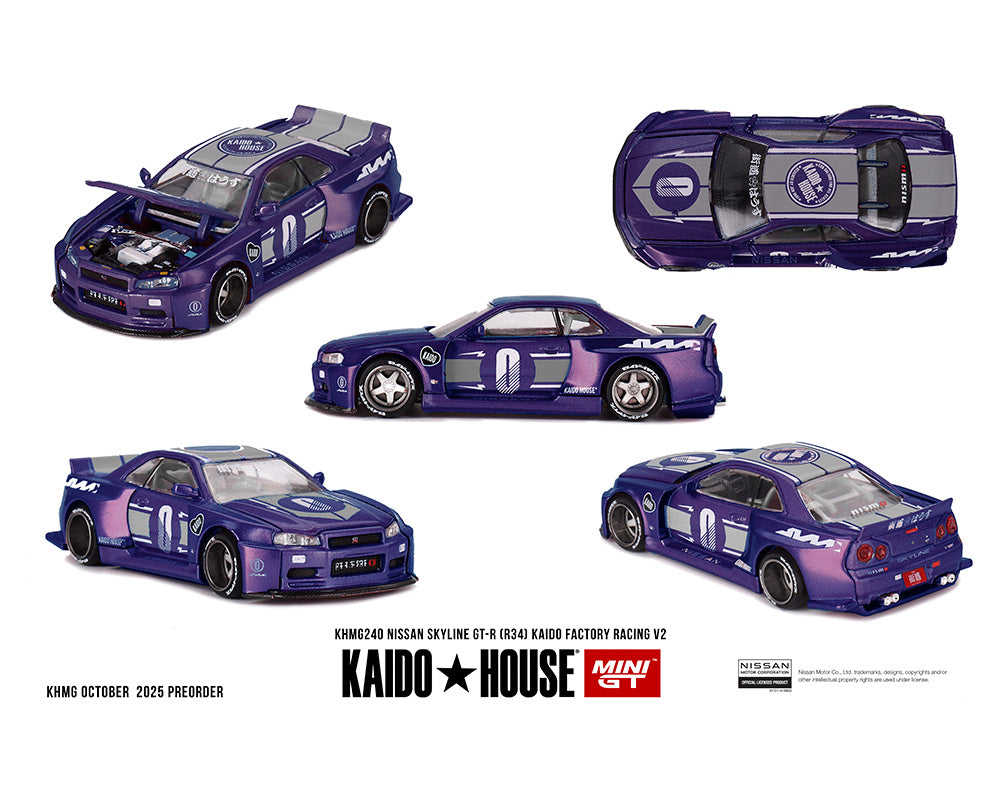 |||PREVENTA||| Kaido House x Mini GT Nissan Skyline GT-R (R34) Kaido factory Racing V2 – Morado medianoche