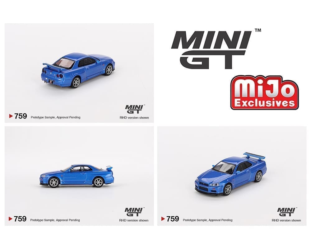 Mini GT 1:64 Nissan Skyline GT-R (R34) V-Spec – Azul Bayside – Exclusivas Mijo Blister