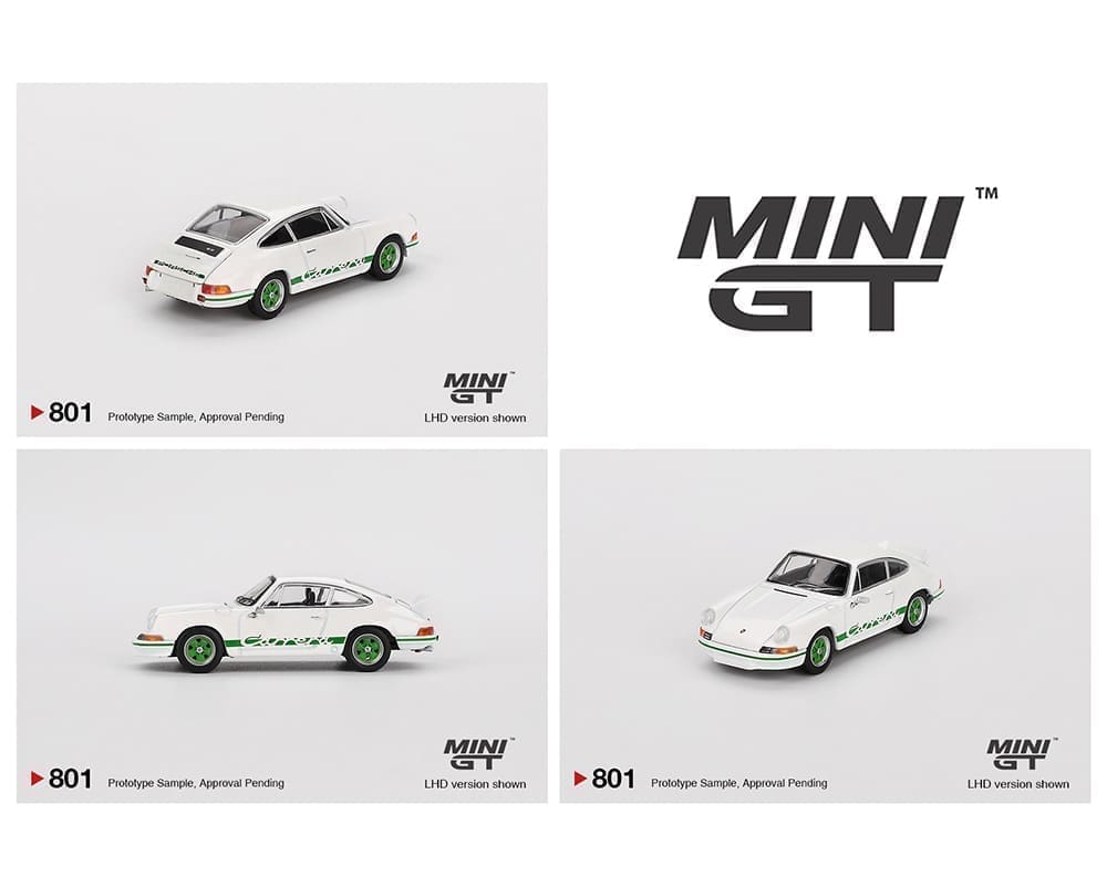 Mini GT 1:64 Porsche 911 Carrera RS 2.7 – Blanco Grand Prix con decoración verde – Exclusivas Mijo Blister