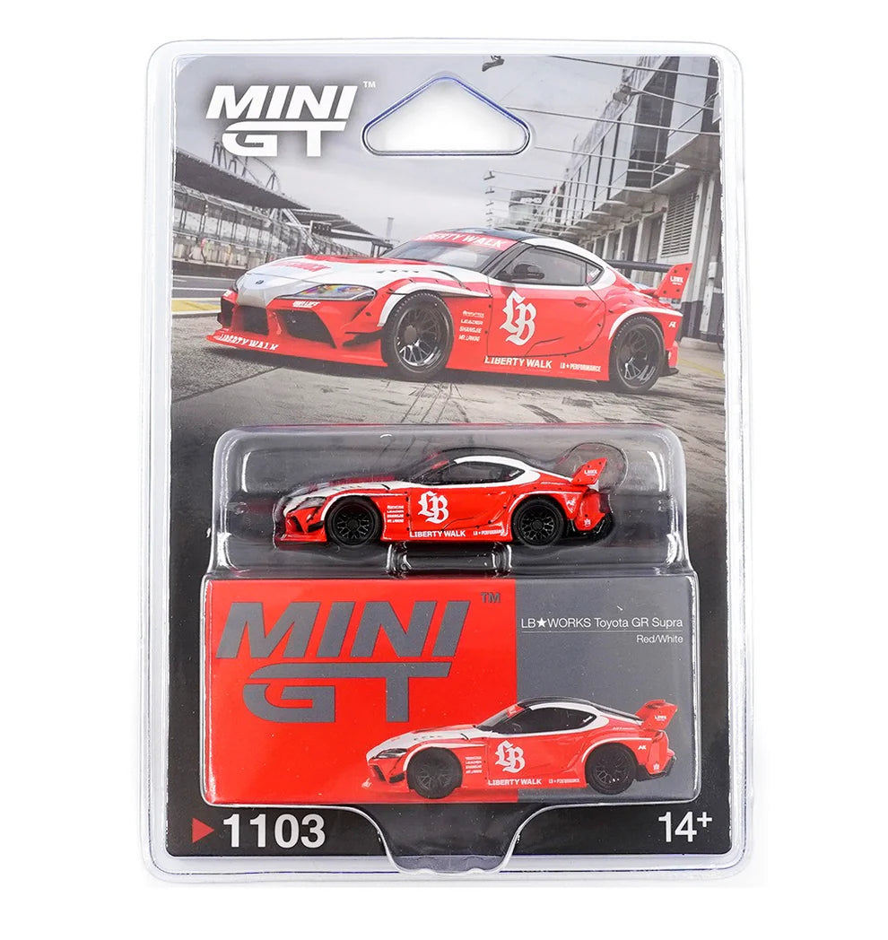 Mini GT 1:64 LB★WORKS Toyota GR Supra – Rojo/Blanco (PRESENTACIÓN EN BLISTER)