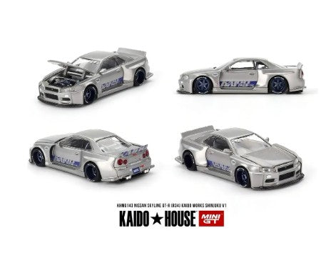 Kaido House x Mini GT 1:64 Nissan Skyline GT-R (R34) Kaido Works SHINJUKU V1 – Plata