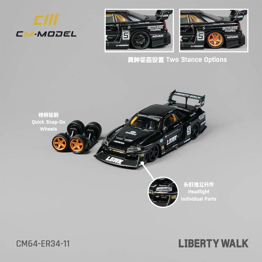 CM Model 1:64 Nissan Skyline GT-R R34 LBWK Super Silhouette ER34 Black
