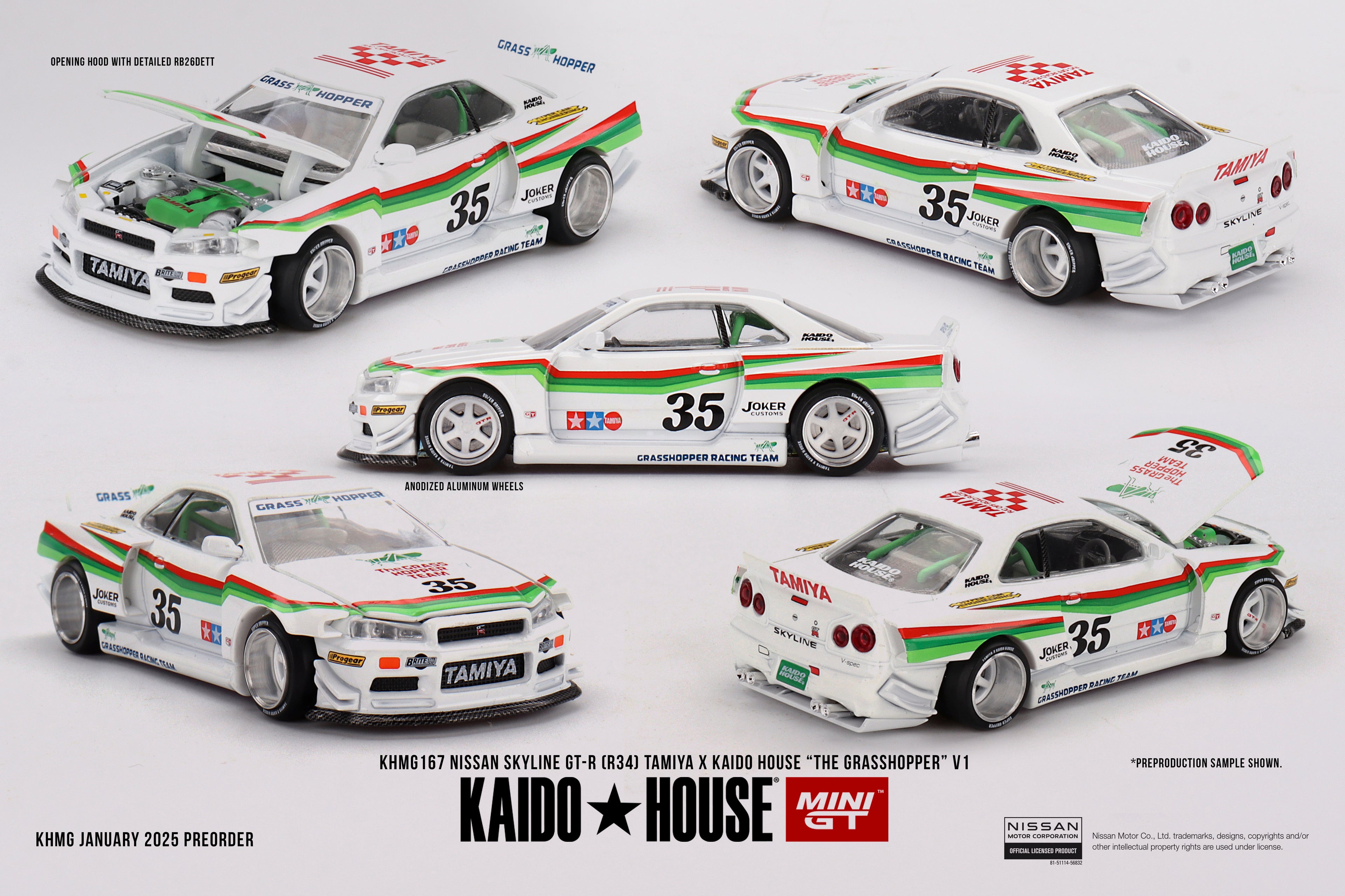 Kaido House x Mini GT 1:64 Nissan Skyline GT-R (R34) Tamiya X Kaido House “The Grasshopper” V1 – Blanco