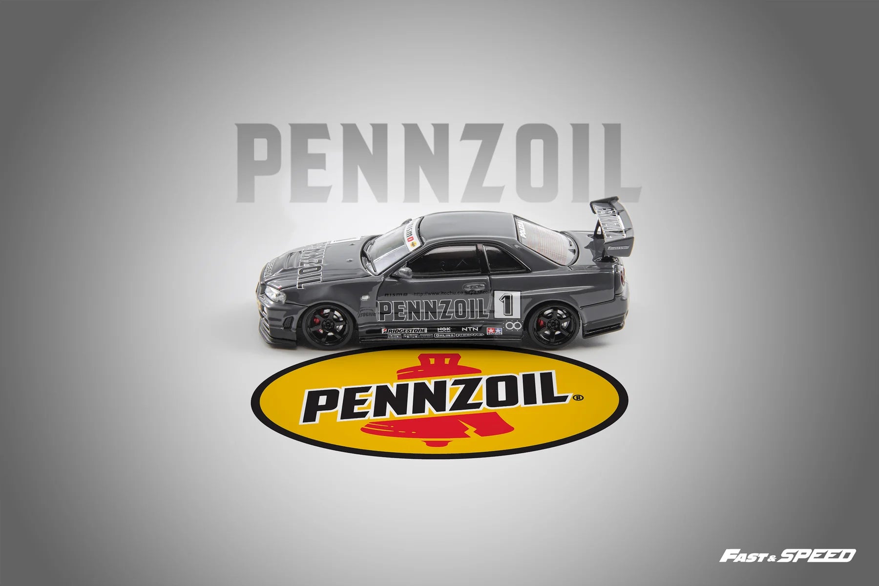 Fast Speed 1:64 Nissan Skyline GT-R R34 Nismo Z-Tune Pennzoil GRIS