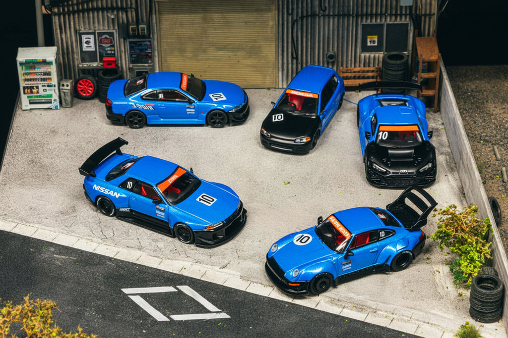 TARMAC 1/64 10 ANIVERSARIO BOXSET HONDA CIVIC EG6-RWB 993-AUDI R8-VERTEX SILVIA S15-NISSAN SKYLINE R32