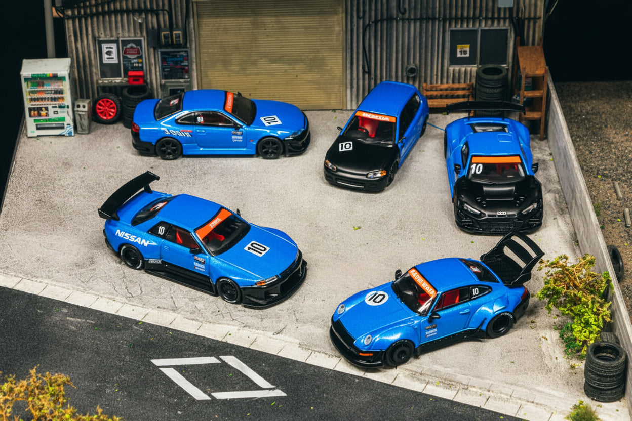 TARMAC 1/64 10 ANIVERSARIO BOXSET HONDA CIVIC EG6-RWB 993-AUDI R8-VERTEX SILVIA S15-NISSAN SKYLINE R32